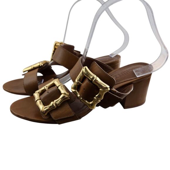 Schutz Enola Mid Block Sandals Womens 8.5 Caramel Brown Leather Gold Tone Buckle - Picture 5 of 10
